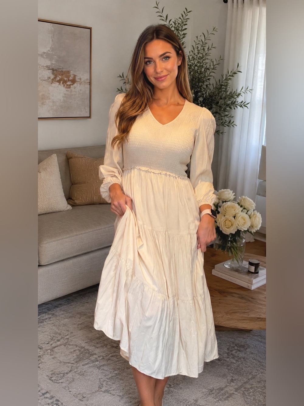 bohme Cream V-Neck Smocked Bodice Tiered Midi Dress